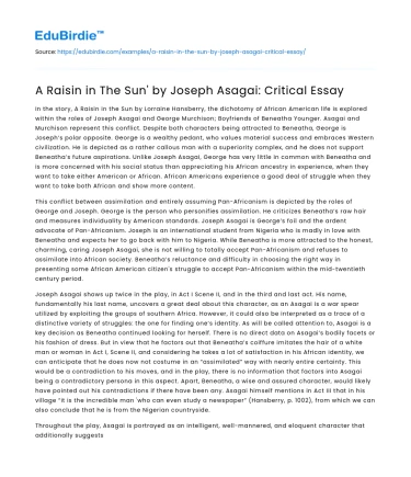 A Raisin in The Sun’ by Joseph Asagai: Critical Essay
