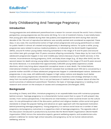 Early Childbearing And Teenage Pregnancy
