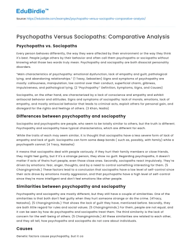 Psychopaths Versus Sociopaths: Comparative Analysis