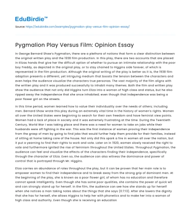 Pygmalion Play Versus Film: Opinion Essay