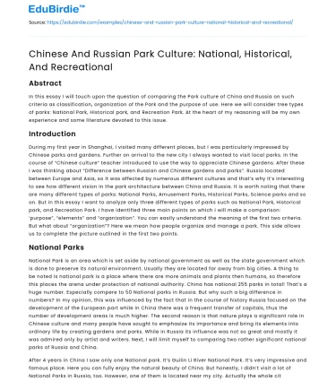 Chinese And Russian Park Culture: National, Historical, And Recreational