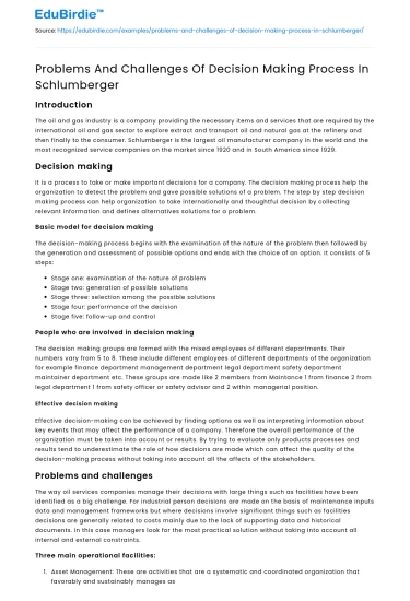 Problems And Challenges Of Decision Making Process In Schlumberger