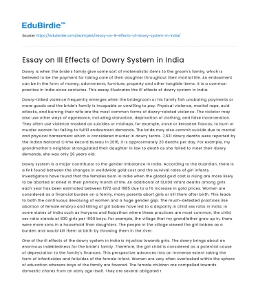 Essay on Ill Effects of Dowry System in India