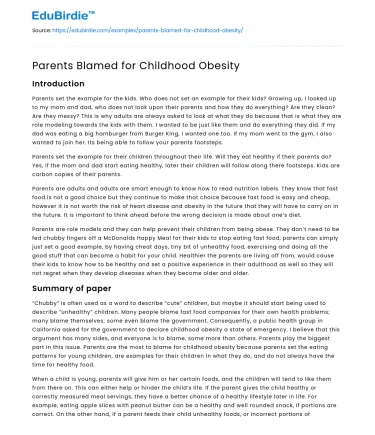 Parents Blamed for Childhood Obesity