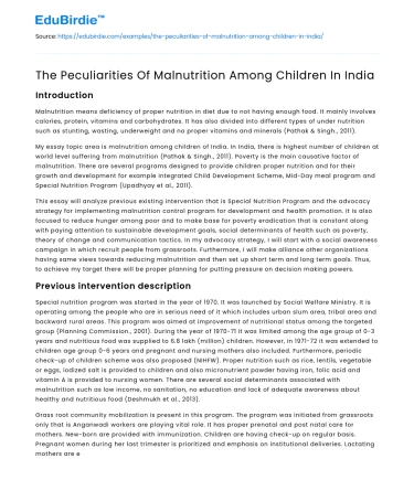 The Peculiarities Of Malnutrition Among Children In India