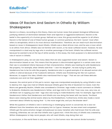 Ideas Of Racism And Sexism In Othello By William Shakespeare