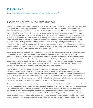 Essay on Soraya in the ‘Kite Runner’
