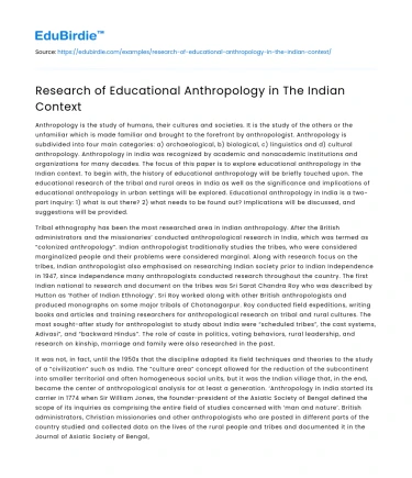 Research of Educational Anthropology in The Indian Context