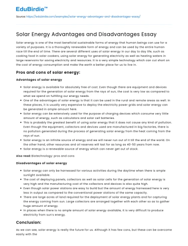 Solar Energy Advantages and Disadvantages Essay