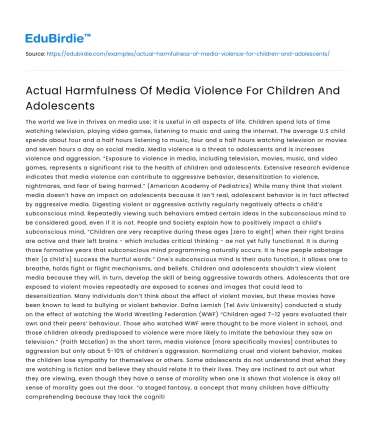 Actual Harmfulness Of Media Violence For Children And Adolescents