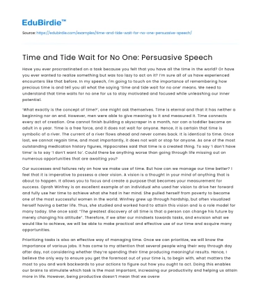 Time and Tide Wait for No One: Persuasive Speech