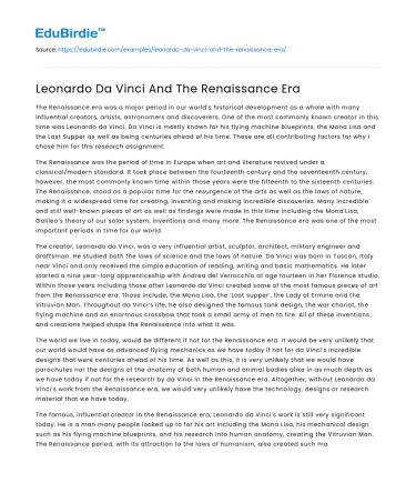 Leonardo Da Vinci And The Renaissance Era