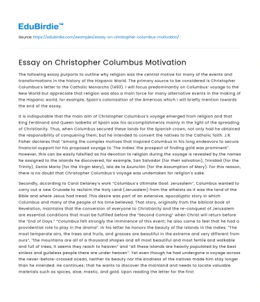 Essay on Christopher Columbus Motivation