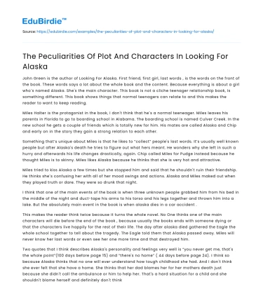 The Peculiarities Of Plot And Characters In Looking For Alaska