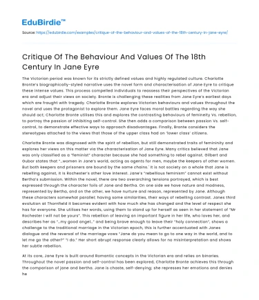 Critique Of The Behaviour And Values Of The 18th Century In Jane Eyre