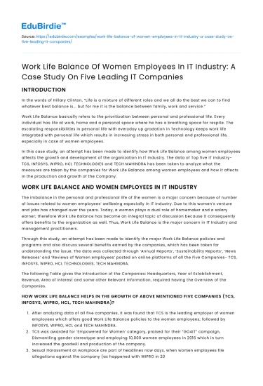 Women’s Work-Life Balance in IT: A Case Study on 5 Leading Companies