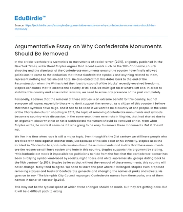 Argumentative Essay on Why Confederate Monuments Should Be Removed