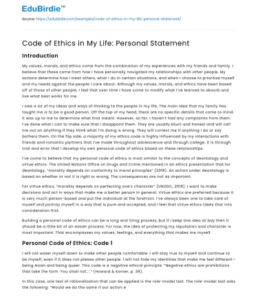 Code of Ethics in My Life: Personal Statement