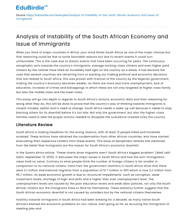 Instability of South African Economy and Immigrant Issue