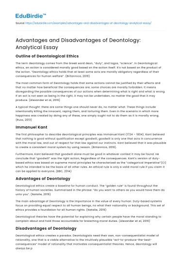 Advantages and Disadvantages of Deontology: Analytical Essay