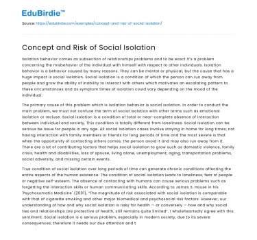 Concept and Risk of Social Isolation
