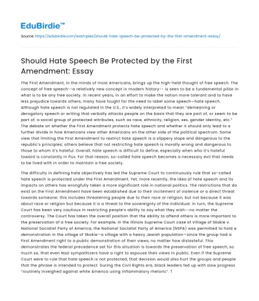 Should Hate Speech Be Protected by the First Amendment: Essay