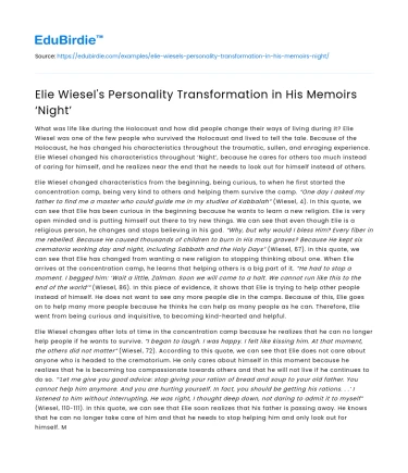 Elie Wiesel’s Personality Transformation in His Memoirs ‘Night’