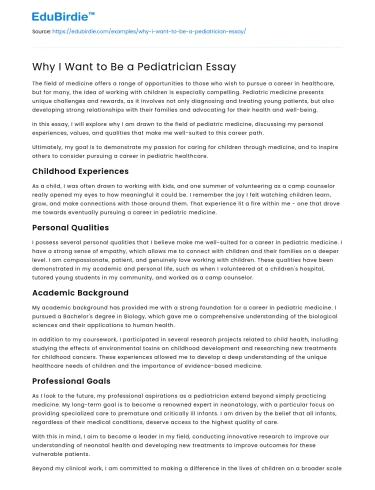 Why I Want to Be a Pediatrician Essay