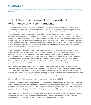 Impact of Lack of Sleep on University Students’ Academic Performance