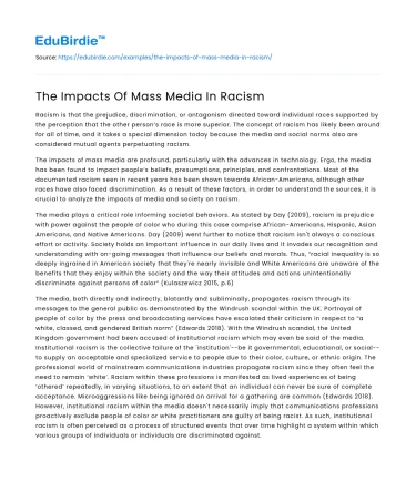 The Impacts Of Mass Media In Racism