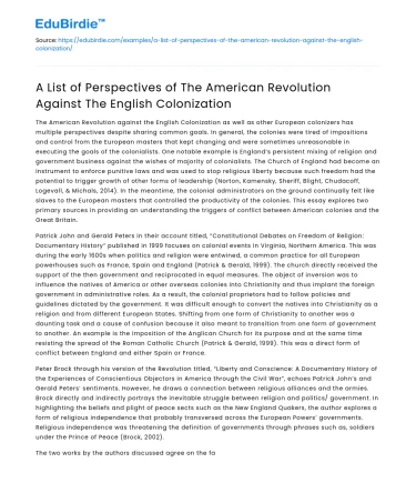 Perspectives on American Revolution Against English Colonization