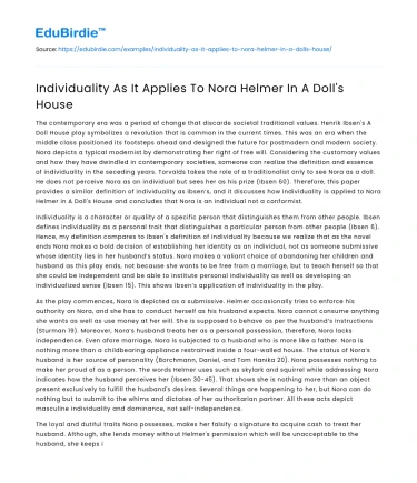 Individuality As It Applies To Nora Helmer In A Doll’s House