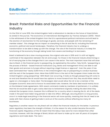 Brexit: Potential Risks and Opportunities for the Financial Industry