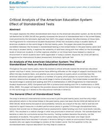 Impact of Standardized Tests on US Education System