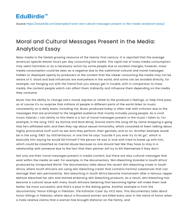 Moral and Cultural Messages Present in the Media: Analytical Essay