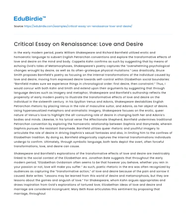 Critical Essay on Renaissance: Love and Desire