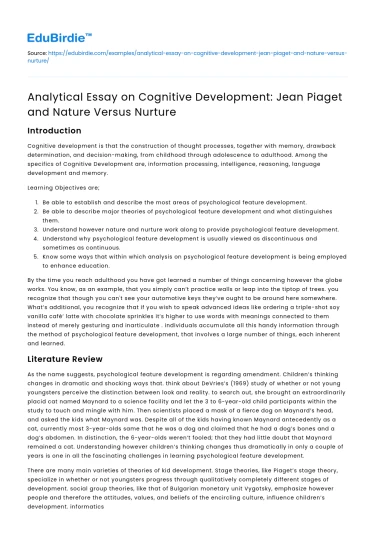 Analytical Essay: Piaget’s Cognitive Development & Nature vs Nurture