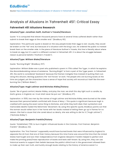 Analysis of Allusions in ‘Fahrenheit 451’: Critical Essay