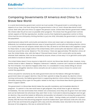 Comparing Governments Of America And China To A Brave New World