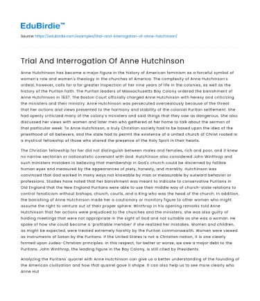 Trial And Interrogation Of Anne Hutchinson