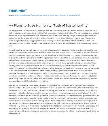 My Plans to Save Humanity: ‘Path of Sustainability’