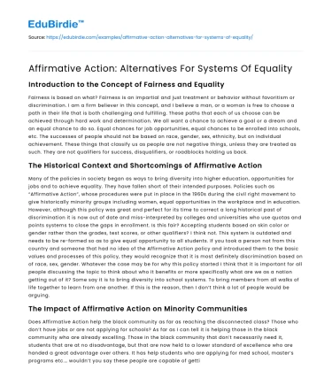 Affirmative Action: Alternatives For Systems Of Equality