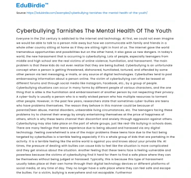 Cyberbullying Tarnishes The Mental Health Of The Youth