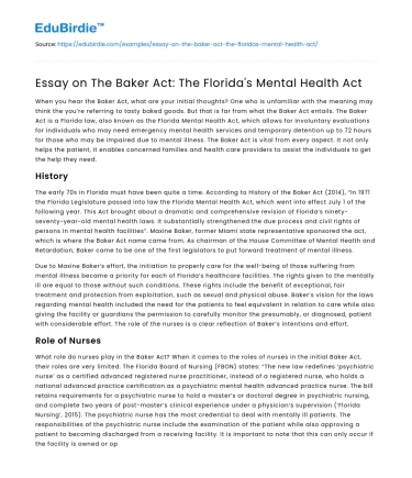 Essay on The Baker Act: The Florida’s Mental Health Act