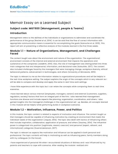 Memoir Essay on a Learned Subject