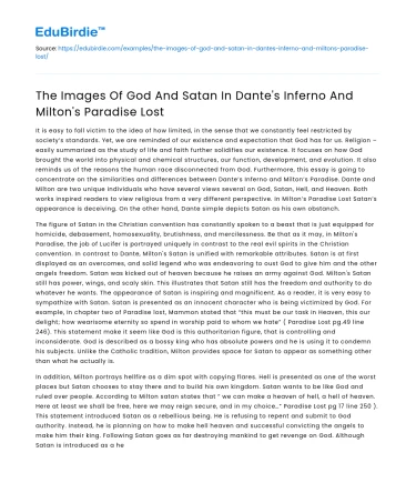 The Images Of God And Satan In Dante’s Inferno And Milton’s Paradise Lost