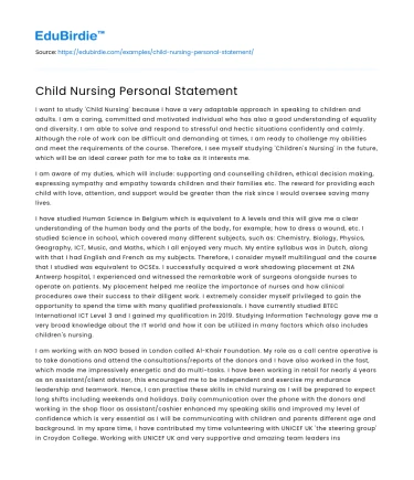 Child Nursing Personal Statement