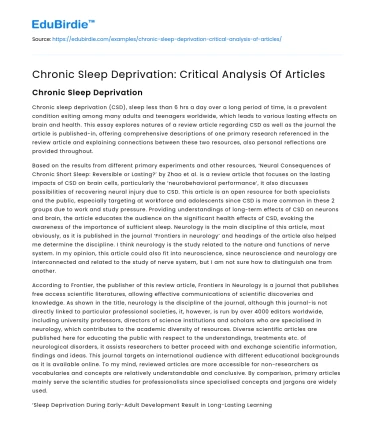 Chronic Sleep Deprivation: Critical Analysis Of Articles