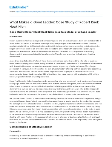 What Makes a Good Leader: Case Study of Robert Kuok Hock Nien