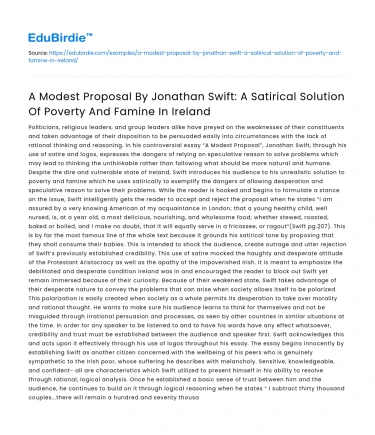 A Modest Proposal: A Satirical Solution of Poverty and Famine